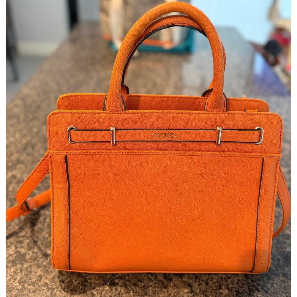GUESS Orange Saffiano Faux Leather Satchel Crossbody Bag‎ Gold Hardware
